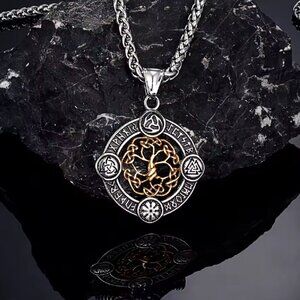 Norse Rune Tree of Life Pendant Necklace - Stainless Steel 24" #1535